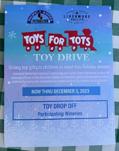 Toys for tots donations accepted at Retzlaff Vineyards thru December 3rd.